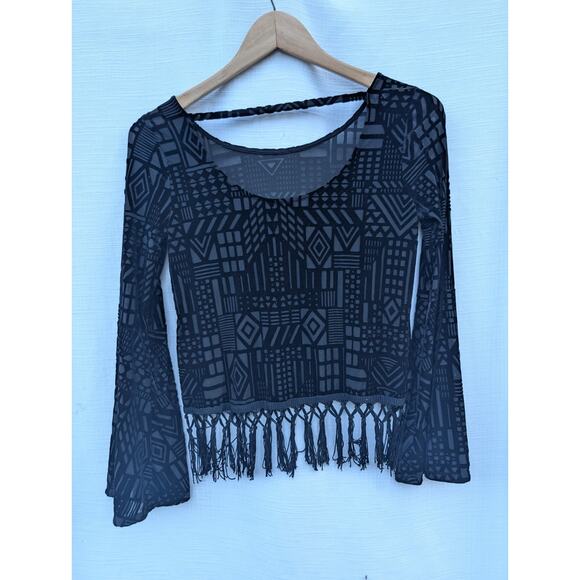 Monteau Womens bell sleeve velvet top S black geometric tassels boho Whimsigoth - Picture 4 of 7